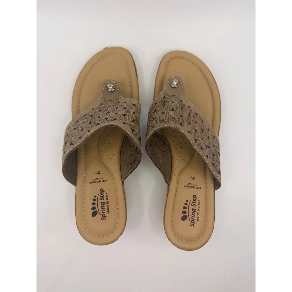 Spring Step Womens Tan Leather Laser Cut Floral Wedge Thong Sandal Made in Italy